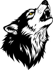 Powerful howling wolf head graphic with sharp teeth. A fierce predator mascot design symbolizing wild strength and aggression.