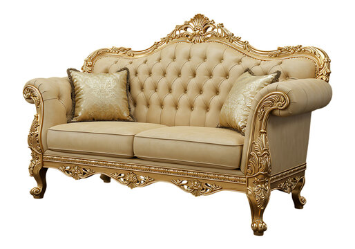 Luxurious cream and gold sofa with pillows on transparent background