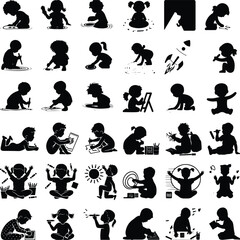 Child Drawing on Floor Silhouette Icon Set – Creative Art Design Kid Sketching Silhouette Icon Set – Fun and Creative Illustration