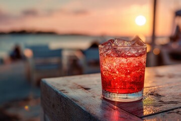 Sunset cocktail on a beach table
