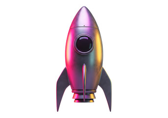 Metallic toy rocket ship emitting neon light on transparent background
