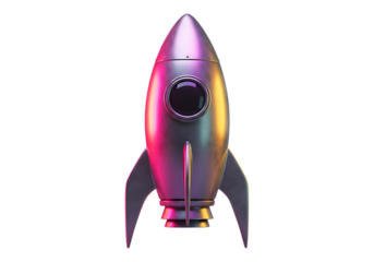 Metallic toy rocket ship emitting neon light on transparent background