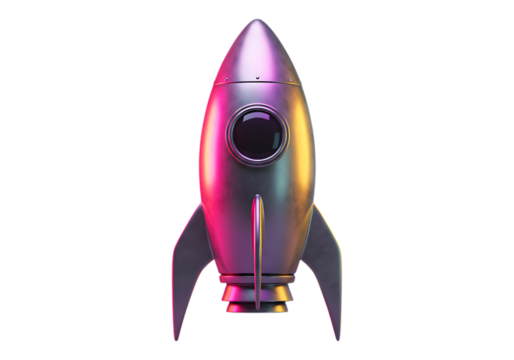 Metallic toy rocket ship emitting neon light on transparent background - Powered by Adobe