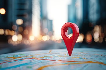 A red location pin is centered on a map, set against a blurred city background at dusk