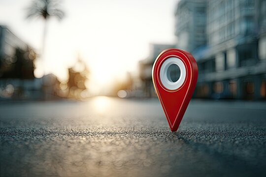 Red map pointer on asphalt road, city background - Powered by Adobe