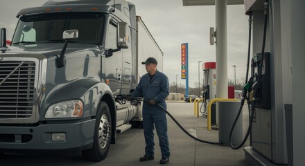 A man filling up a semi truck with fuel at a gas station. Commercial vehicle refueling for transportation and logistics.