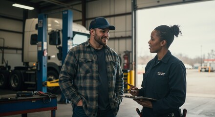 Woman mechanic speaks with a man customer about truck repair in a garage. Auto service worker provides consultation to client about vehicle maintenance.