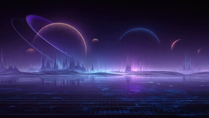 Neon-lit alien cityscape reflected in a placid, gridded water.  Vast, ringed planets hang in a twilight sky