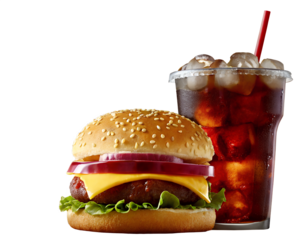 Delicious burger with fries and cola drink tasty fast food meal isolated on transparent background, png