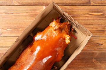 top view roasted whole pig at horizontal composition © Freer