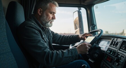 Male truck driver using a digital tablet with navigation app for route planning inside the cabin of his vehicle. Transportation.