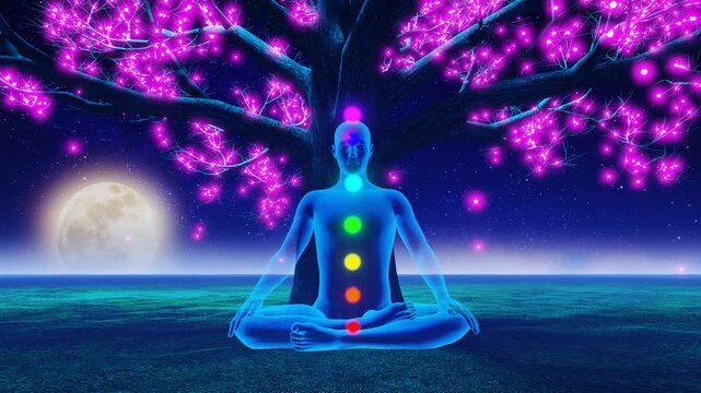 Yogi with chakras sitting under a tree with pink flowers of light falling and the full moon rising in the starry sky