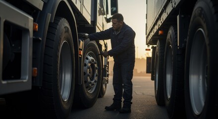 Caucasian man mechanic checking truck tires. Truck driver inspecting wheel. Roadside assistance and maintenance for freight transportation.