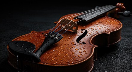 Obraz premium Violin with water droplets on dark background