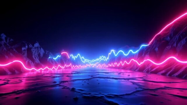 Vibrant neon lightscape with pink and blue waves over rocky terrain, perfect for futuristic tech or abstract backgrounds. AI generative video