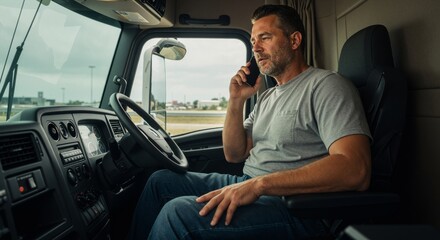 Obraz premium Caucasian man talking on smartphone while sitting in truck cabin. Communication and business on the road. Trucker lifestyle concept for logistics.