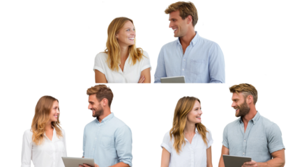 Set of male and female office workers smiling and talking to each other isolated on transparent background