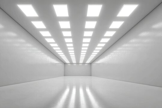 Empty white interior, angled perspective, recessed lighting