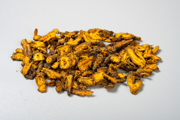 angle view herb HuangLianPian or Coptidis Rhizoma or Chinese Goldthread Rhizome Slices at...