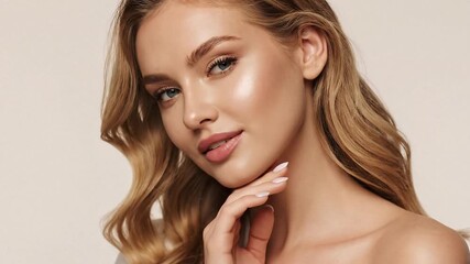 A blonde woman with curled hair a clean complexion and soft makeup posing with her hand near her face against a plain background