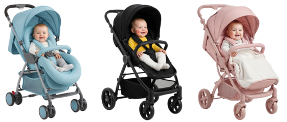  three cute babies sitting happily in a collection of strollers