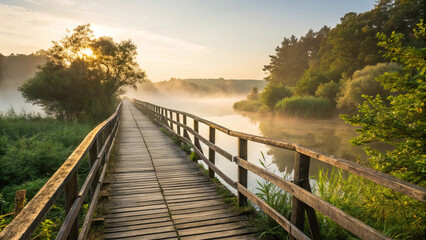 Fototapeta premium Wooden bridge over a misty river at sunrise with sun rays