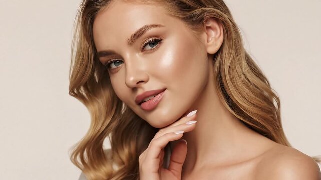 A blonde woman with curled hair a clean complexion and soft makeup posing with her hand near her face against a plain background