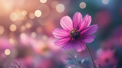 Close up of a beautiful pink cosmos flower with soft bokeh background