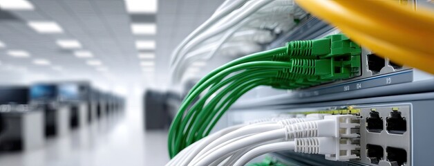 Different colored Ethernet cables organized in a network panel, showcasing cable management for efficient connectivity in a technology environment