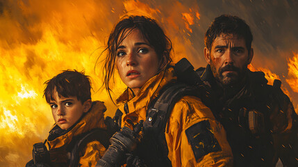 Fototapeta premium Emergency responders face a raging inferno in this high-stakes scene. Soot-covered firefighters display urgency against a dramatic Disaster Background. Ready for anything, they stand prepared.