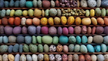 Colorful ceramic stones in rows
