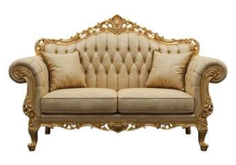 Lavish two seater sofa with golden details on transparent background