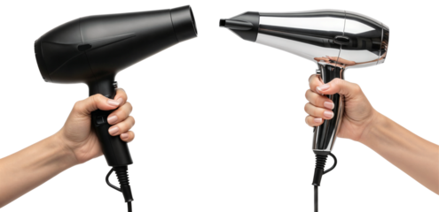 two hands holding a modern black and a silver hairdryer