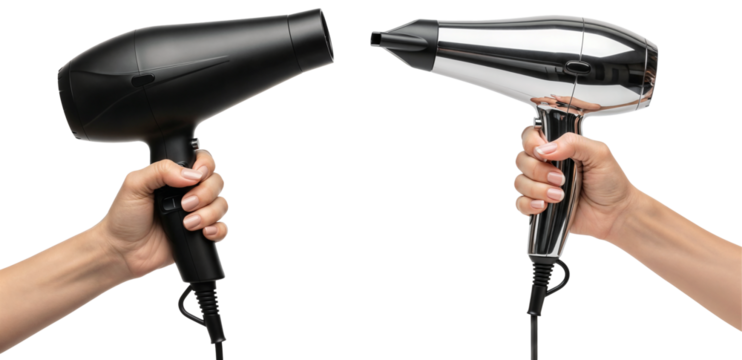 two hands holding a modern black and a silver hairdryer