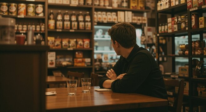 Young man sitting at wooden table with glasses, looking away in a rustic shop or cafe, cozy ambiance for gathering.