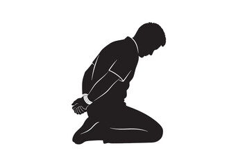 A black silhouette of a man kneeling with his hands tied behind his back.