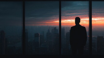 Silhouette of a business professional standing by a panoramic window at sunrise.