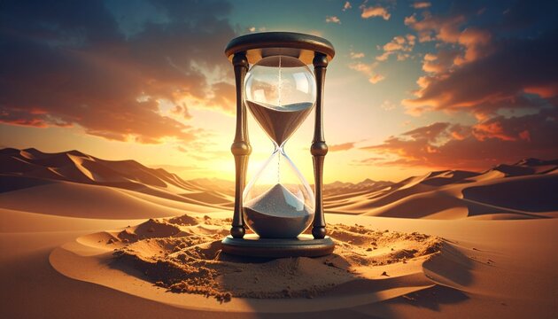 Hyper-realistic 3D scene of sand dunes inside a clear clock, final grain falling under golden sunset light, surreal fusion of time and nature with cinematic depth.