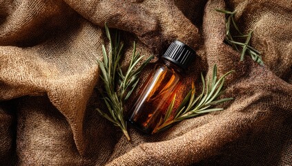 Amber essential oil bottle surrounded by rosemary sprigs on a textured fabric
