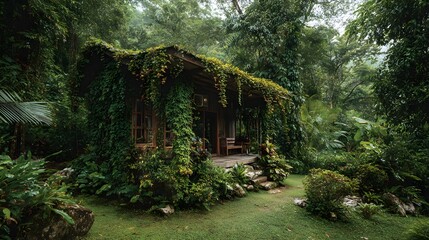 Small cozy wooden house in the jungle