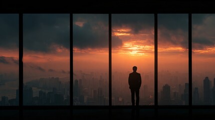 Sunrise city skyline behind the silhouette of a business professional at a panoramic window.