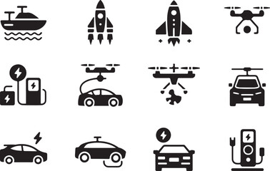 Futuristic transportation and alternative energy icons
