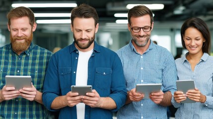 Group of four diverse adults using tablets in a modern office environment