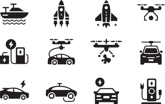 Futuristic transportation and alternative energy icons
