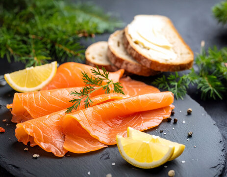 saumon fumé, pain, beurre et citron