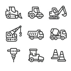 Fototapeta premium Road Construction Machinery Icons. Outline icon set of road construction machinery: bulldozer, road roller, excavator, crane, dump