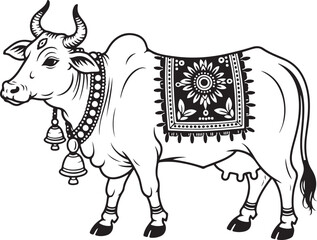 Artistic black and white illustration of a decorated indian cow in traditional style