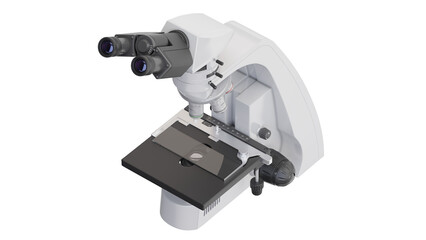 White educational microscope designed for students, isolated on transparent background. Orthographic view at 45 degrees. 3D illustration