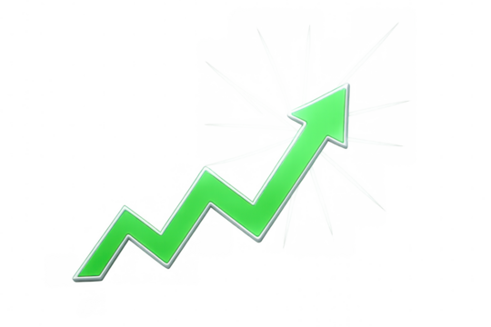 Green arrow is pointing up on transparent background, representing growth, success, and positive trend