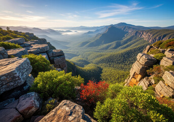 Obraz premium Majestic mountain valley vista with rocky cliffs and lush green forest landscape nature